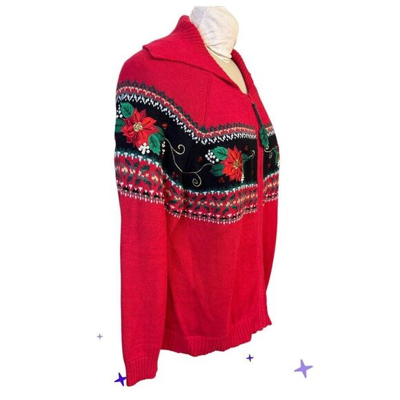 Dress Barn Holiday Cardigan Full Zip Embroidery Poinsettias Plus 1X Vtg - Picture 8 of 15